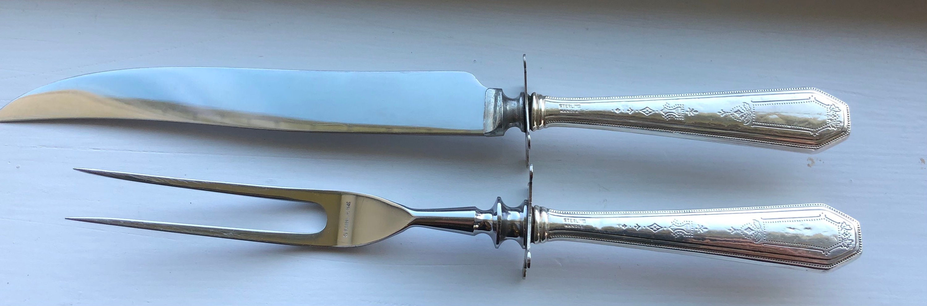 Vintage Reed & Barton Sterling Silver Roast Carving Fork/Knife/Sharpener  Set - 3 Piece Set