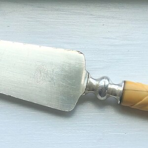 May include: A silver cake knife with a carved ivory handle. The knife has a slightly tarnished finish and the handle has a swirl pattern.