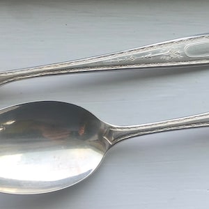 May include: Two silver spoons with ornate designs on the handles. The spoons have a rounded bowl shape.