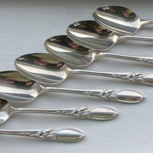 May include: Set of seven silver spoons with ornate floral designs on the handles. The spoons are arranged in a staggered pattern, with the largest spoon at the bottom and the smallest spoon at the top.