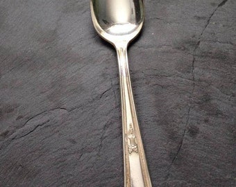 May include: A silver teaspoon with an ornate design on the handle. The spoon is polished and shiny.