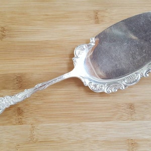 May include: A silver cake server with an ornate, decorative handle and a wide, flat blade.