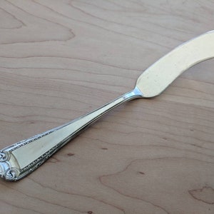 May include: A silver butter knife with an ornate handle and a slightly curved blade.