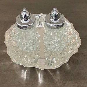 Vintage Diamond Cut CRYSTAL Individual Salt/Pepper Shakers Set of 2/w FB ROGERS Scalloped Edge Silver Plate Serving Tray 5 1/2”