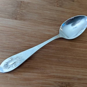May include: A silver teaspoon with an ornate design on the handle. The spoon is on a wooden surface.