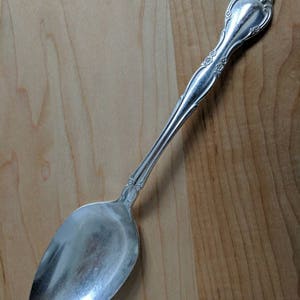 May include: A silver spoon with an ornate handle and a smooth, polished surface.