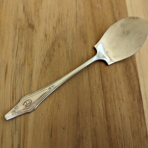 Könnte beinhalten: Ein silberner Servierlöffel mit einem verzierten Griff und einer breiten, flachen Klinge. Der Griff hat ein dekoratives Design und einen kleinen, erhabenen Buchstaben "D".