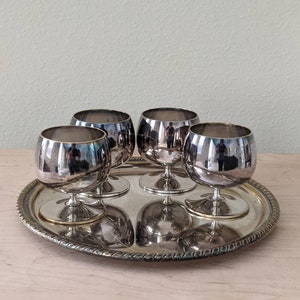 Vintage Gorgeous EL DE UBERTI Silver Plate Footed Cordial Cup/Goblet Set of 4 w Serving Tray, Italy