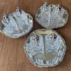 Elegant Vintage Collectible Cut CRYSTAL Glass CROSS Design Salt/Pepper Shaker w/Silver Lid & Ribbon Etched Shell Edge Serving Tray, Set Of 3