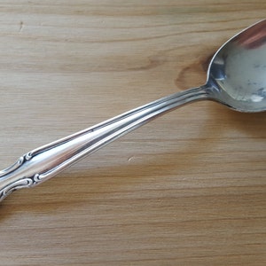 May include: A silver spoon with an ornate handle and a rounded bowl. The spoon has a floral design on the handle.