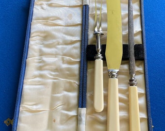 Antique COOPER BROS & SONS Ltd Pearl Bakelite Handle Large Roast Carving/Serving 3 Pc Set, Sheffield, England W/Box