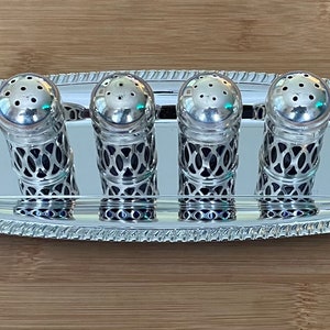 Vintage Collectible S.G. Silver Plate Individual Pierced Salt/Pepper Shakers w/Cobalt Blue Inserts & Ribbon Edge Serving Tray, Set Of 4