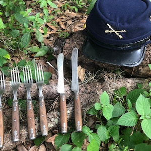 May include: A set of six vintage silver forks and two vintage silver knives. The forks and knives are arranged on a wooden surface with green foliage in the background.