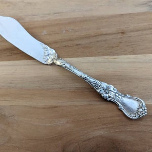 Puede incluir: Un cuchillo de mantequilla de plata con un diseño floral adornado en el mango.