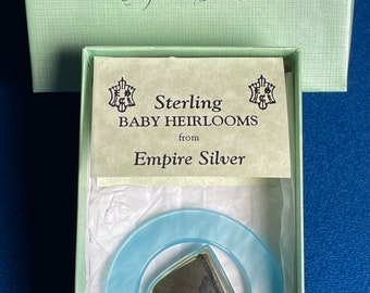 Gorgeous Antique EMPIRE Sterling & Blue Mother of Pearl BABY Heirlooms Teething Ring/Rattle NIB