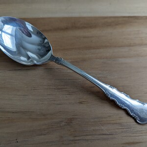 May include: A silver spoon with a decorative handle. The spoon is shiny and has a rounded bowl.