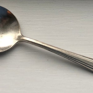 May include: A silver spoon with a rounded bowl and a decorative handle. The handle has a series of ridges and a floral design at the end.