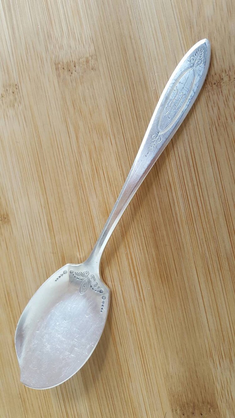 May include: A silver serving spoon with an ornate design on the handle and a wide, rounded bowl. The spoon is engraved with the text "Community Plate" and "Made in USA".