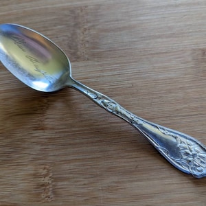 May include: A silver spoon with an ornate floral design on the handle. The spoon is engraved with the words "Alice Mayle".