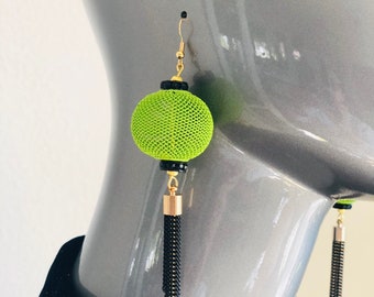 Chartreuse Asian Lanterns with Metal Tassels with Black Chain Two Sizes