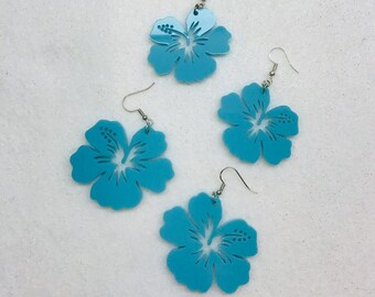 Awesome Aqua Plexiglass Hibiscus Tiki Earrings 2 Sizes FREE SHIPPING