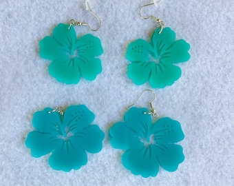 Tiki Teal Turquoise Plexiglass Flower Hibiscus Earrings 2 Sizes FREE SHIPPING