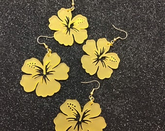 Tiki Apricot Orange Frosted Plexiglass Hibiscus Earrings 2 Sizes FREE SHIPPING