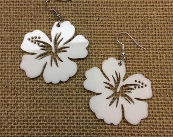 Tiki Wonderful Snow White Acrylic Hibiscus Earrings 2 Sizes FREE SHIPPING