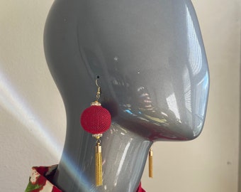 Large Antique Red Asian Lantern Earrings with Antique Gold Metal Tiki Tassels