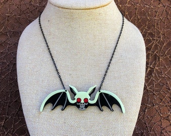 Glow in the Dark Lily Munster Acrylic Bat Vampire Dracula Necklace