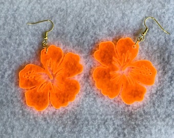 Tiki Fantastic Fluorescent Orange Acrylic Hibiscus Earrings Blacklight FREE SHIPPING