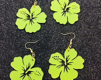 Frosted Fern Green Acrylic Large Hibiscus TIKI Earrings 2 Sizes FREE SHIPPING