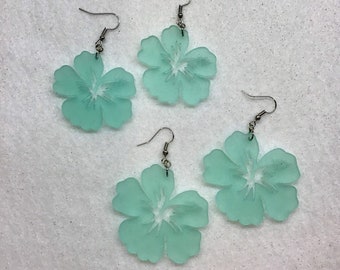 Caribbean Frosted Plexiglass Hibiscus TIKI Earrings 2 Sizes FREE SHIPPING