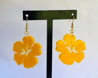Tiki Goldenrod Yellow Acrylic Hibiscus Earrings FREE SHIPPING