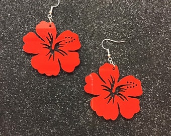 Ruby Red Plexiglass Tiki Hibiscus Earrings Two Sizes FREE SHIPPING