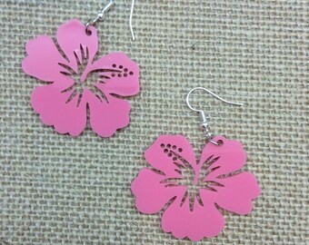 Tiki Barbie Pink Plexiglass Hibiscus Earrings 2 Sizes FREE SHIPPING