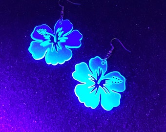 Fantastic Fluorescent Light Blue Plexiglass Hibiscus Earrings 2 Sizes FREE SHIPPING