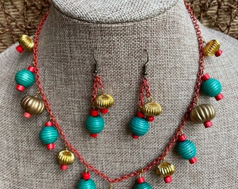 Tiny Adorable Teal and Gold Asian Lantern and Necklace and Earring Set