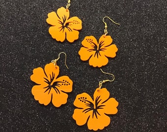 Tiki Orange Hawaiian Flower Hibiscus Earrings Two Sizes FREE SHIPPING