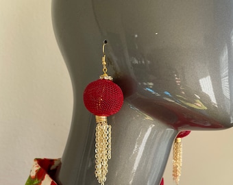 Large Antique Red Asian Lantern Earrings with Antique Gold Metal Tiki Tassels