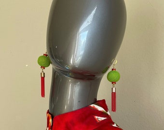 Small Bright Chartreuse Asian Lantern Earrings with Red Metal Tassels