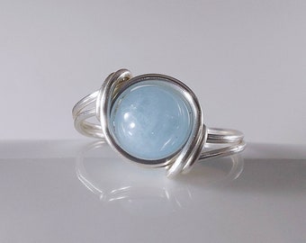 Aquamarine Gemstone In Silver Swirls Ring, March Birthstone Ring, Light Blue Birthstone Ring