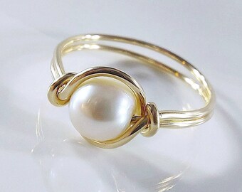 Yellow Gold Freshwater Pearl Ring, June Birthstone Ring, Celtic, Elven Ring