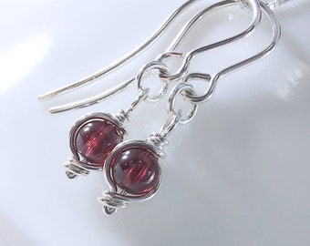 4mm Silver Wrapped Bright Red Garnet Earrings, Grade AAA Natural Red Garnet, January or July Birthstone