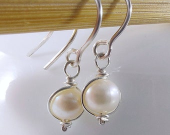 Silver Wrapped Freshwater Pearl Earrings, June Birthstone Earrings