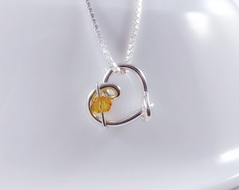 9-10mm Yellow Topaz Austrian Crystal Silver Heart Necklace, November Birthstone, Lovers Knot Heart, Celtic Heart, Dainty Heart