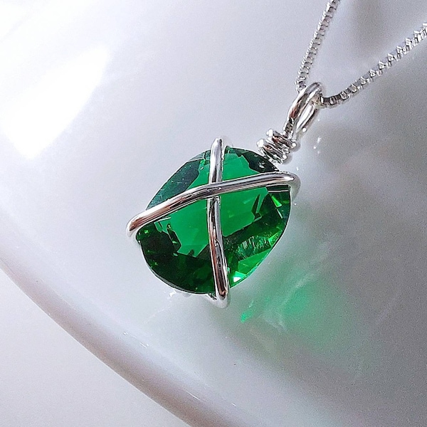Silver Wrapped Emerald Pendant Necklace, Lab Created Emerald Hand Wrapped In Sterling Silver, May Birthstone Necklace