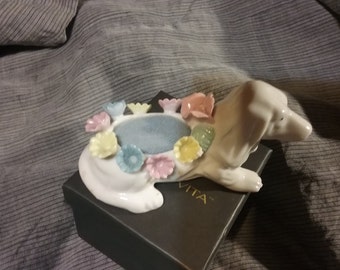 Vintage Dachshund Weiner Dog White Porcelein Pincushion with Gorgeous Porcelien Flowers