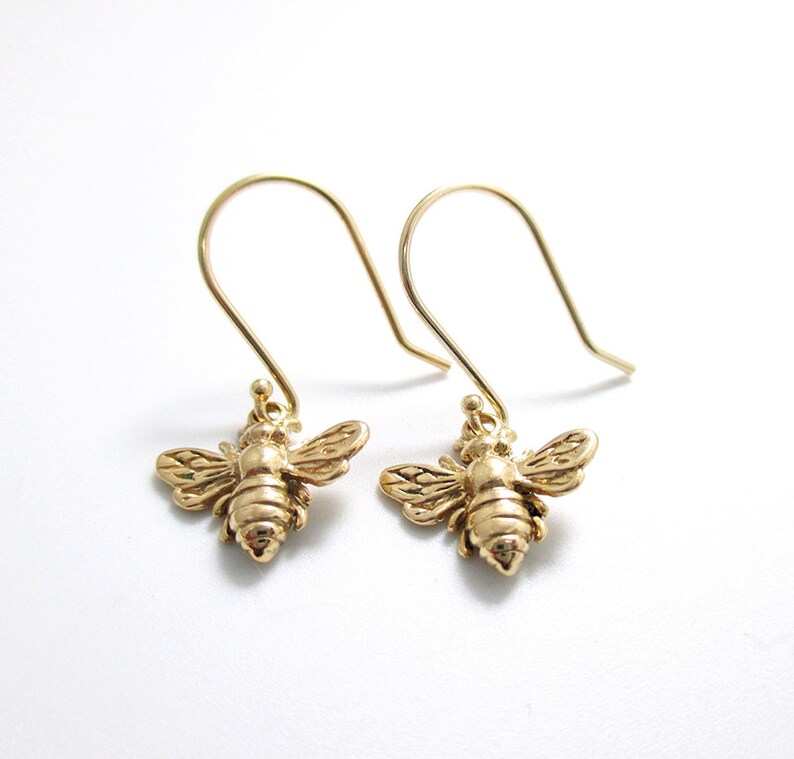 Tiny Bee Earrings 14k Solid Gold Small Honey Bee Earrings Etsy