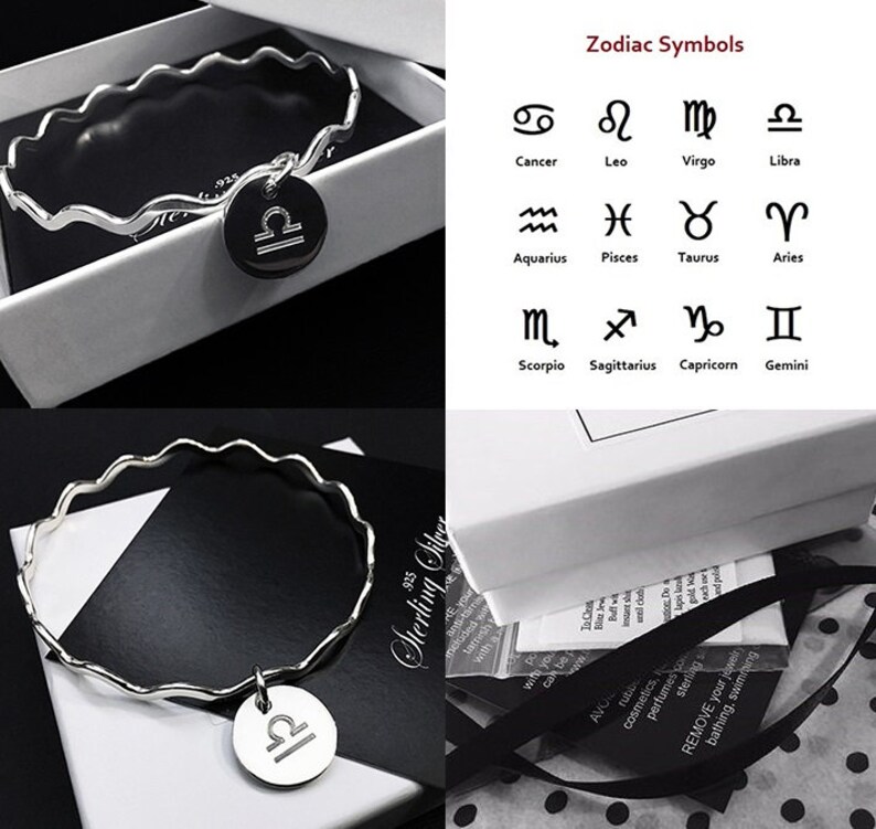 Zodiac Bracelet Sterling Silver Zodiac Charm Bangle Bracelet Etsy